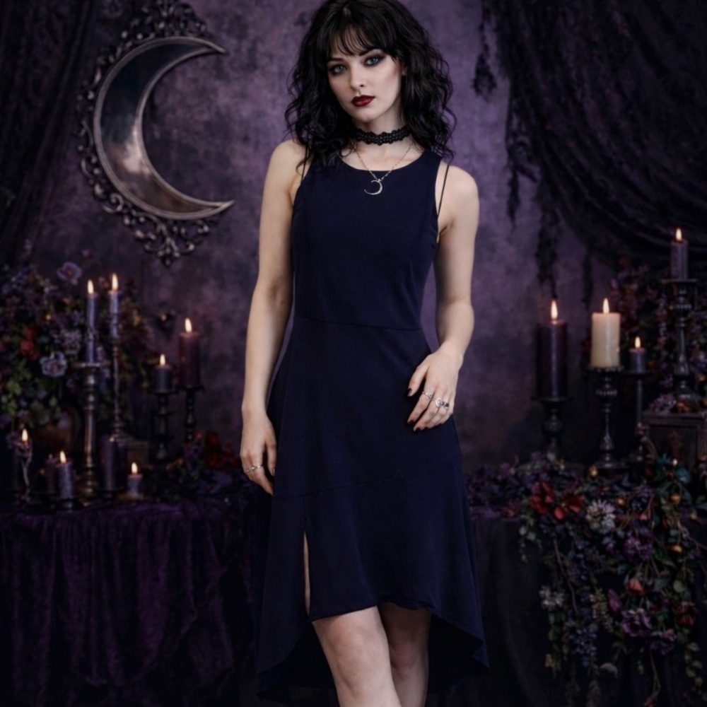 Slate & Willow Navy Blue Side Slit Fairy Whimsigoth High Low Midi Dress Size 6
